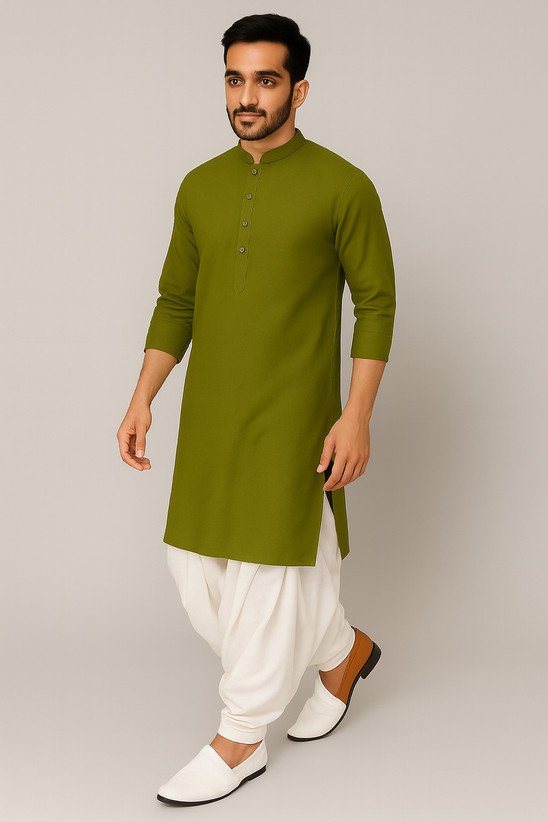 ₹271 Dark Green Cotton Blend Straight Kurta for Men, Festive Ethnic Style