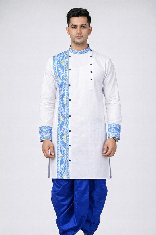 ₹793 White Pure Cotton Printed Straight Kurta for Men, Festive Wear