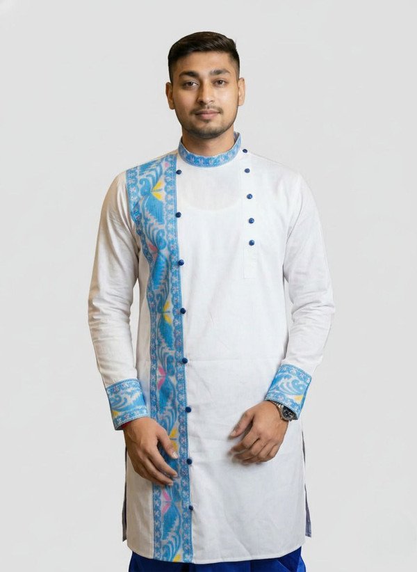 ₹793 White Pure Cotton Printed Straight Kurta for Men, Festive Wear