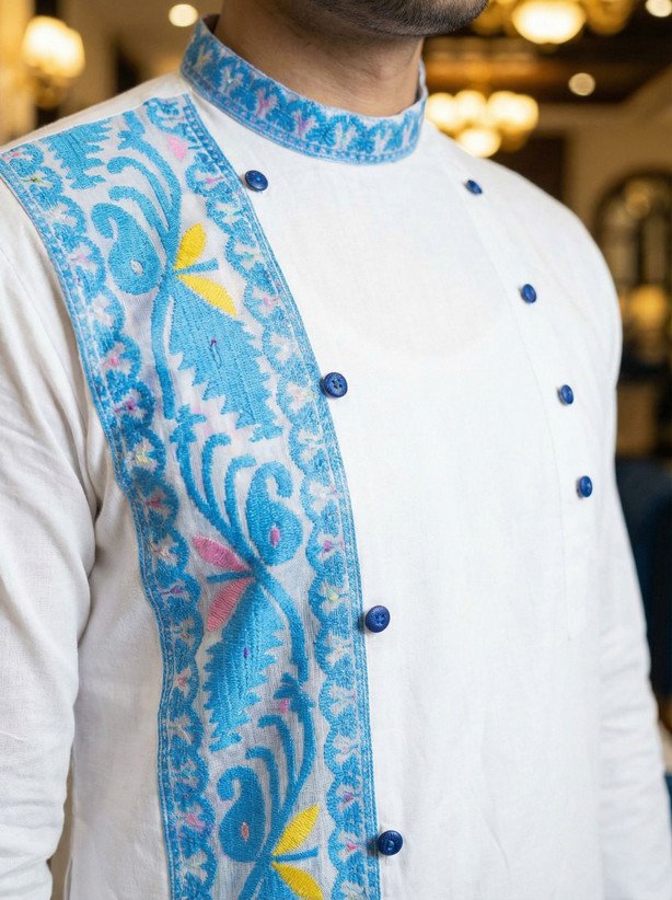 ₹793 White Pure Cotton Printed Straight Kurta for Men, Festive Wear