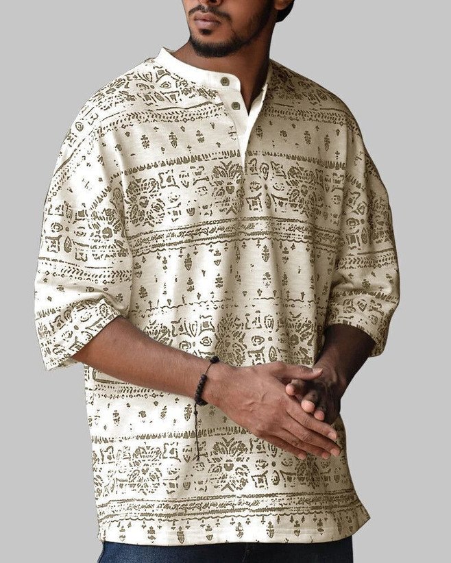 ₹326 Beige Printed Cotton Blend Straight Kurta for Men, Festive Ethnic Wear