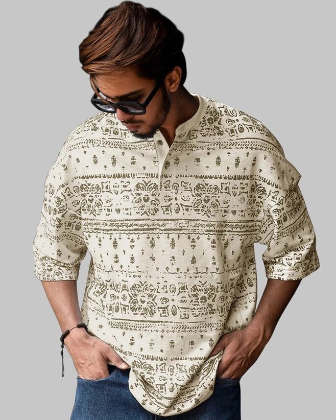 ₹326 Beige Printed Cotton Blend Straight Kurta for Men, Festive Ethnic Wear