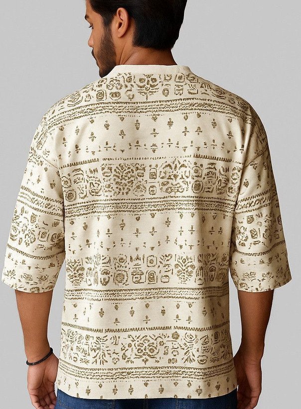 ₹326 Beige Printed Cotton Blend Straight Kurta for Men, Festive Ethnic Wear