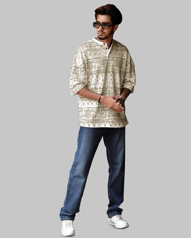 ₹326 Beige Printed Cotton Blend Straight Kurta for Men, Festive Ethnic Wear