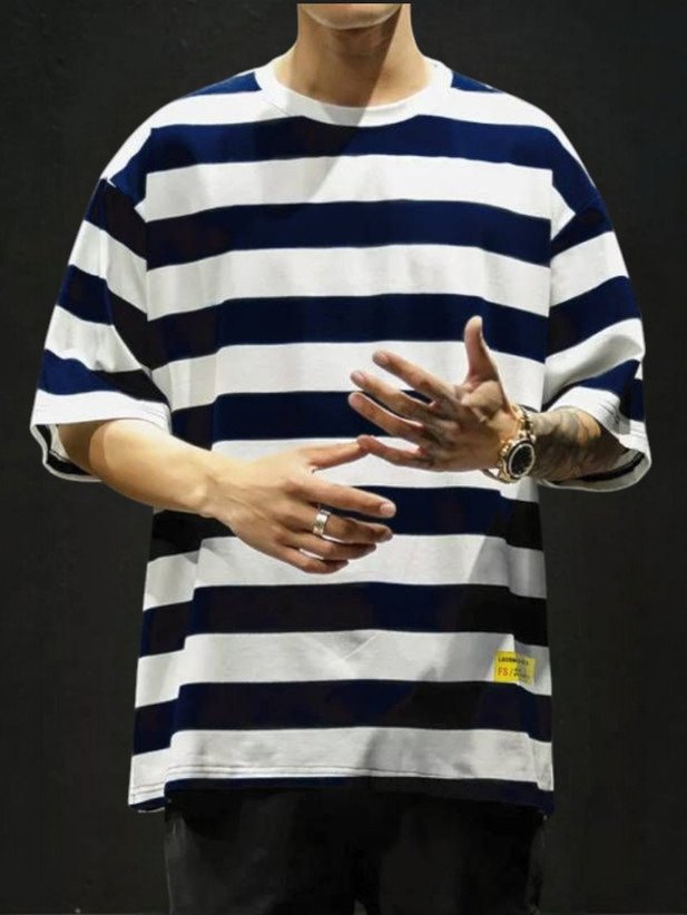 ₹373 White Navy Striped Cotton Blend T-Shirt for Men, Casual Everyday Wear