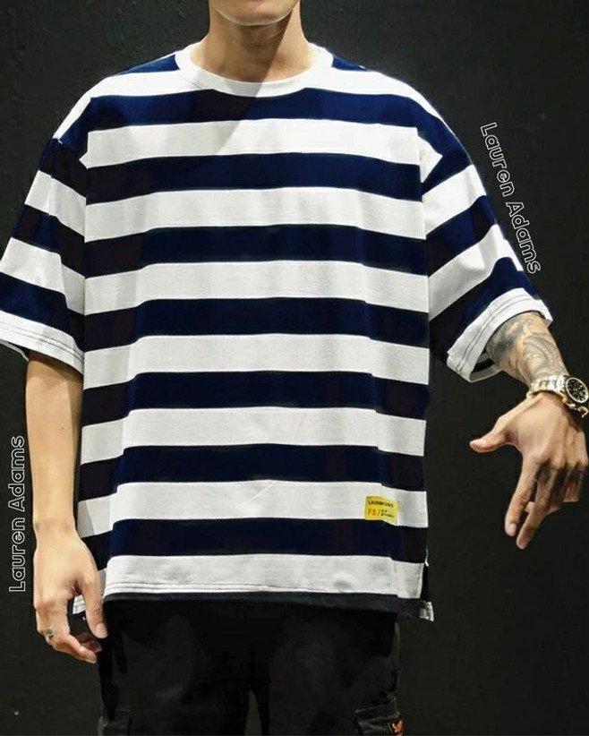 ₹373 White Navy Striped Cotton Blend T-Shirt for Men, Casual Everyday Wear