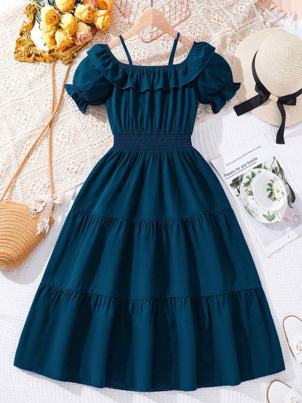 ₹305 Dark Blue Casual Dress for Girls, Knee Length Midi Everyday Style