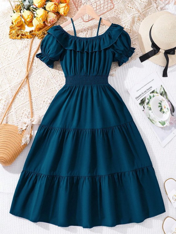 ₹305 Dark Blue Casual Dress for Girls, Knee Length Midi Everyday Style