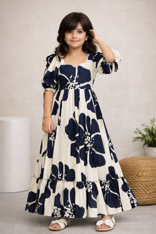 ₹451 White Dark Blue Maxi Dress for Girls, Full Length Casual Style