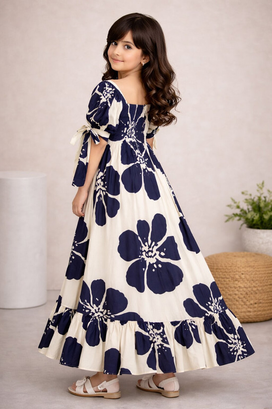 ₹451 White Dark Blue Maxi Dress for Girls, Full Length Casual Style