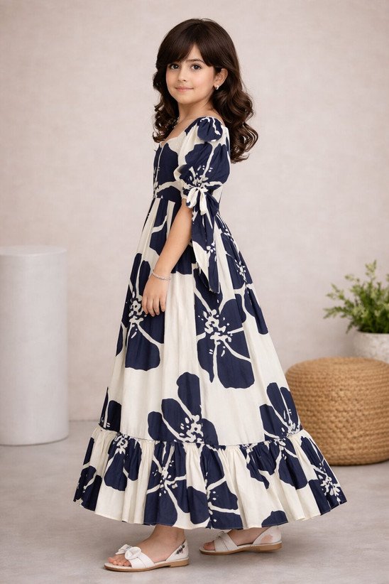 ₹451 White Dark Blue Maxi Dress for Girls, Full Length Casual Style