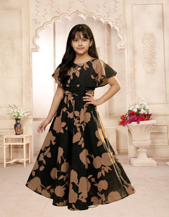 ₹359 Black Maxi Party Dress for Girls, Full Length Short Sleeve Style