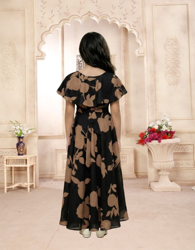 ₹359 Black Maxi Party Dress for Girls, Full Length Short Sleeve Style