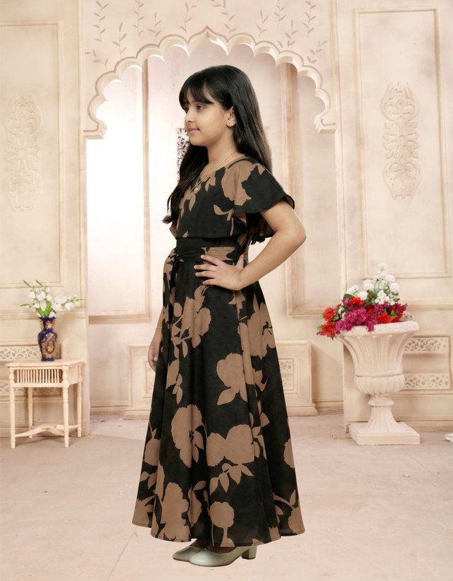₹359 Black Maxi Party Dress for Girls, Full Length Short Sleeve Style