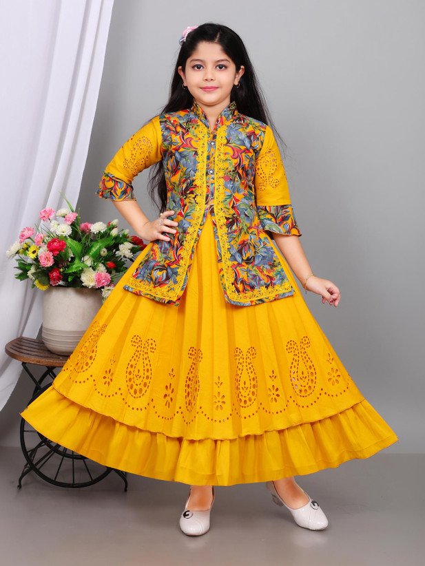 ₹386 Yellow Maxi Party Dress for Girls, Full Length 3/4 Sleeve Style