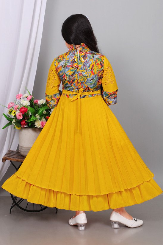 ₹386 Yellow Maxi Party Dress for Girls, Full Length 3/4 Sleeve Style