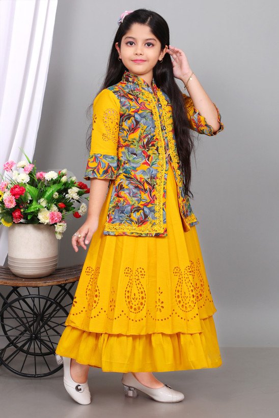₹386 Yellow Maxi Party Dress for Girls, Full Length 3/4 Sleeve Style