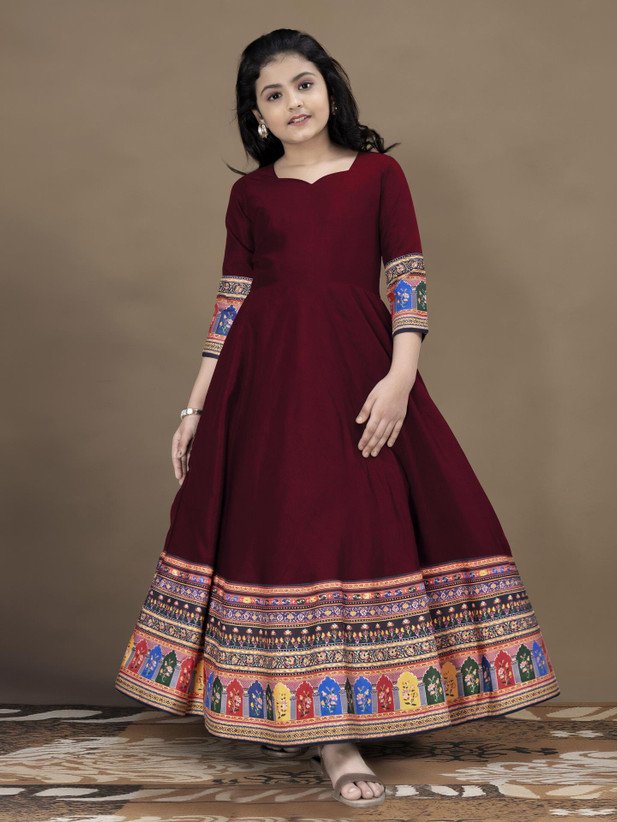 ₹709 Maroon Festive Wedding Dress for Girls, Full Length 3/4 Sleeve