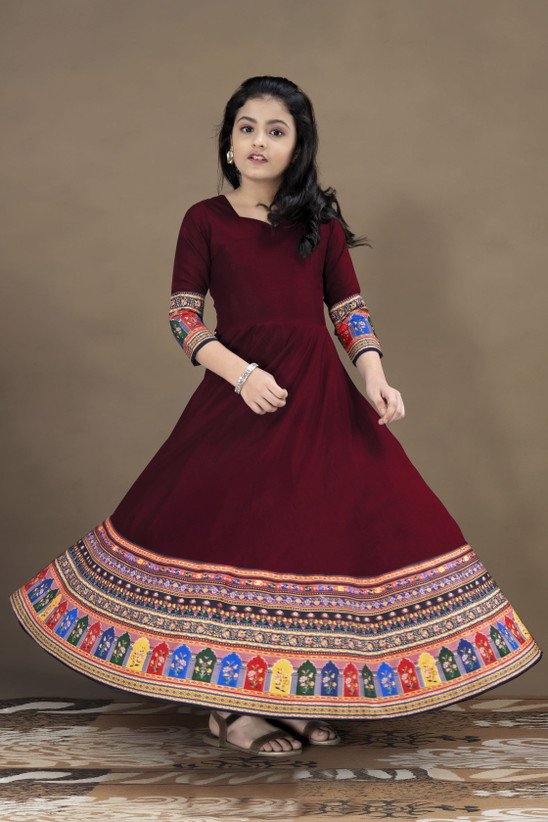 ₹709 Maroon Festive Wedding Dress for Girls, Full Length 3/4 Sleeve