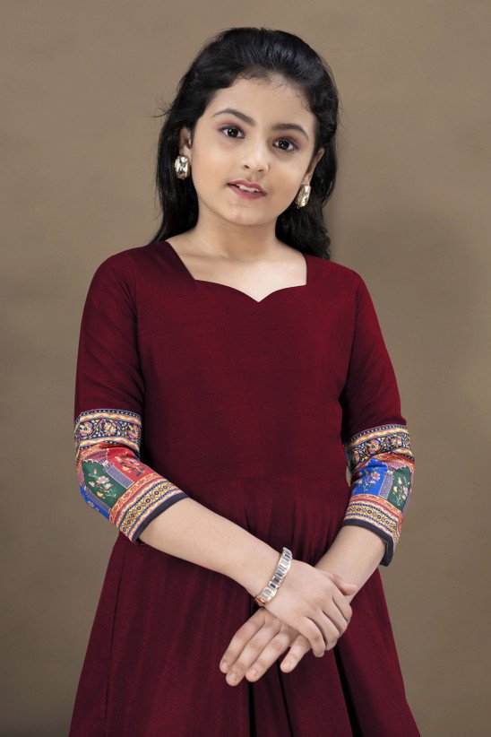 ₹709 Maroon Festive Wedding Dress for Girls, Full Length 3/4 Sleeve