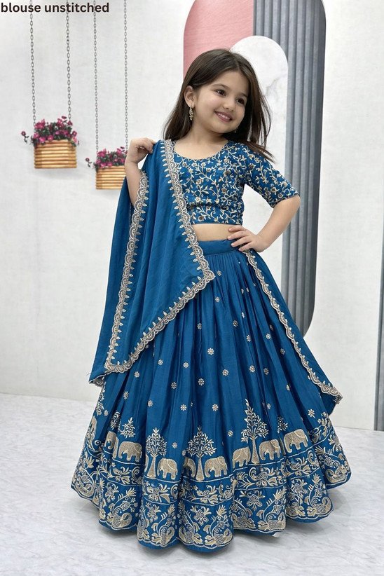 ₹534 Dark Blue Embroidered Lehenga Choli Set for Girls, Ethnic Wear