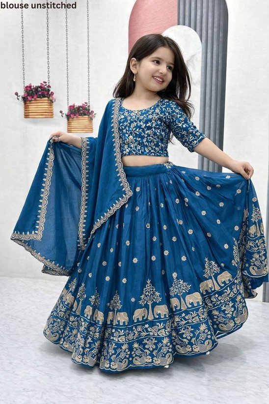 ₹534 Dark Blue Embroidered Lehenga Choli Set for Girls, Ethnic Wear