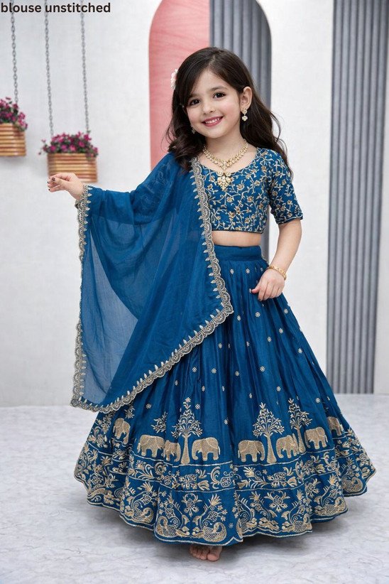 ₹534 Dark Blue Embroidered Lehenga Choli Set for Girls, Ethnic Wear