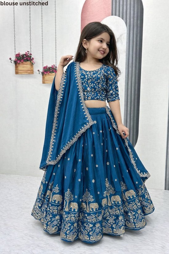 ₹534 Dark Blue Embroidered Lehenga Choli Set for Girls, Ethnic Wear