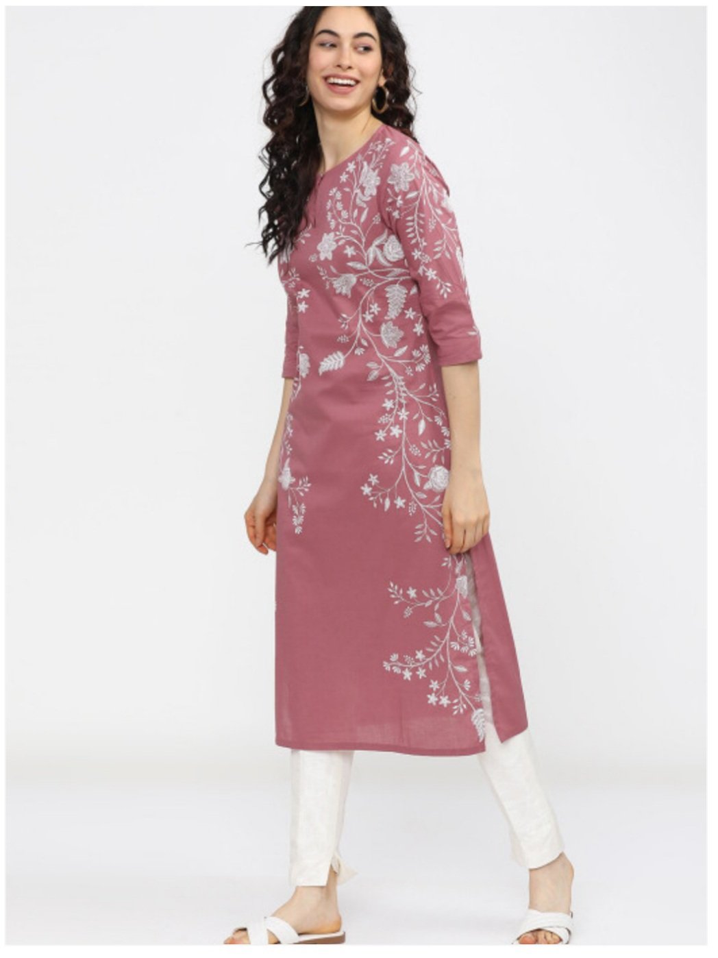 ₹467 Vishudh Pink Floral Kurta for Women | Cotton Keyhole Neck Style