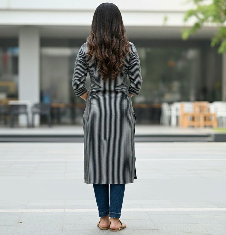 ₹355 Acort Striped Khadi Cotton Straight Kurta for Women in Black Grey