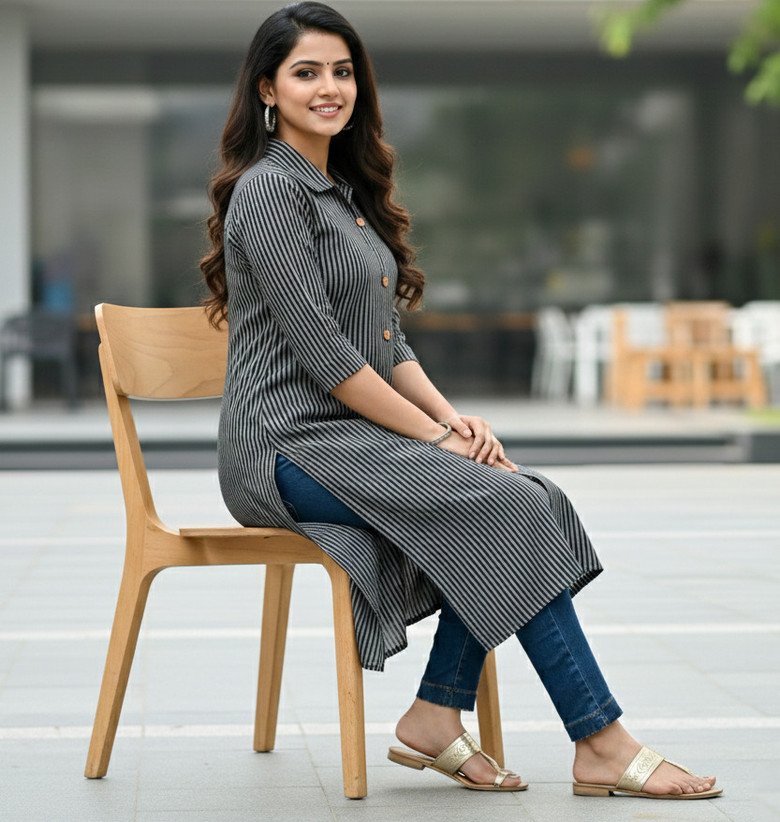 ₹355 Acort Striped Khadi Cotton Straight Kurta for Women in Black Grey