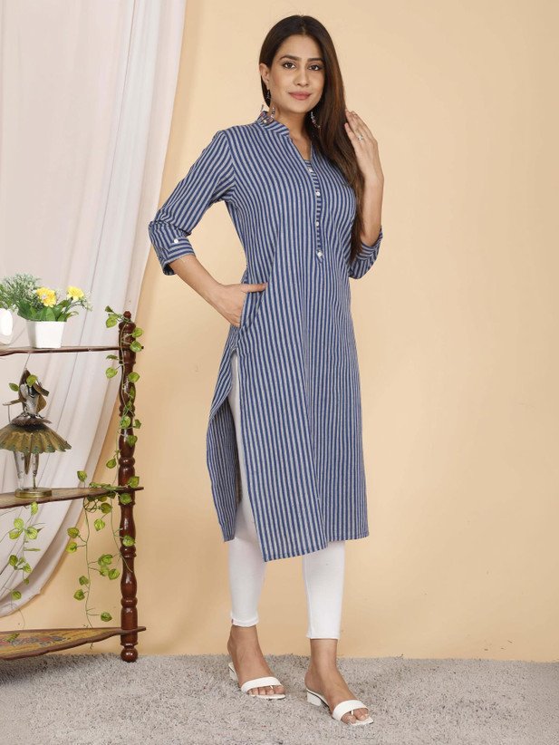 ₹375 Neerupam Self Design Khadi Cotton Straight Kurta for Women in Blue