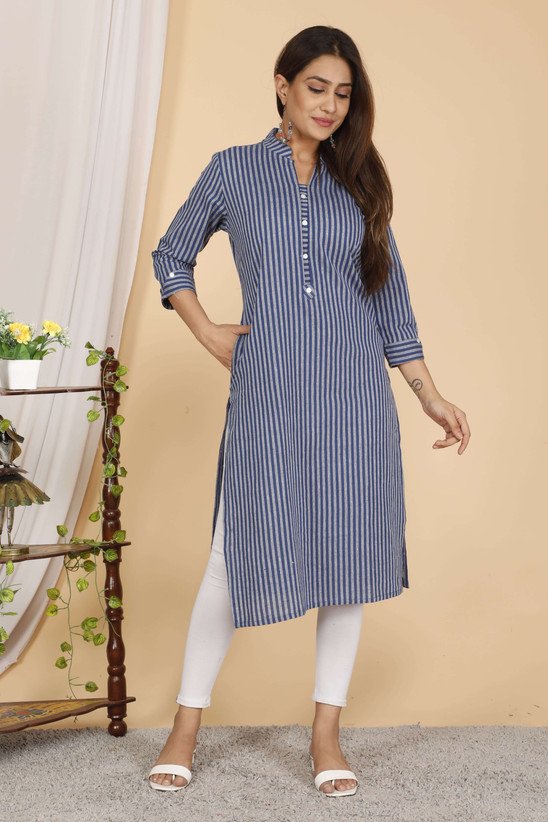 ₹375 Neerupam Self Design Khadi Cotton Straight Kurta for Women in Blue