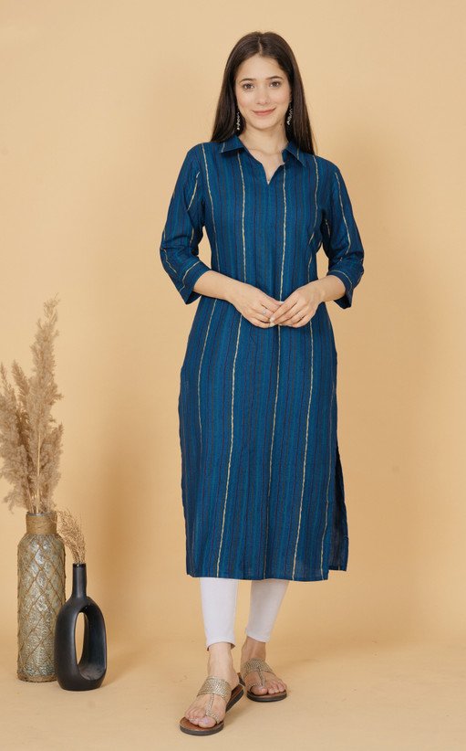 ₹557 Rimeline Striped Viscose Rayon Straight Kurta for Women in Dark Blue