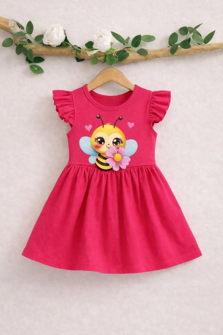 ₹276 FOSEN Baby Girls White Pink Midi Knee Length Casual Dress Deal