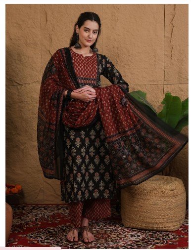 ₹1,292 Sangria Printed Pure Cotton Kurta Set With Dupatta – 61% Off Deal