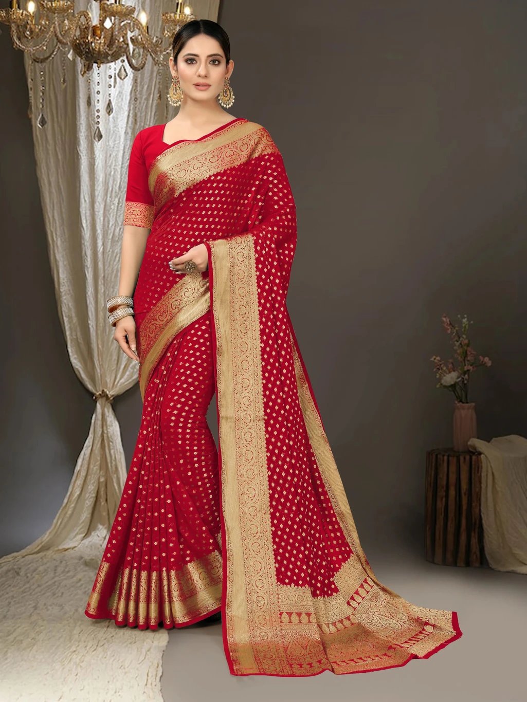 ₹438 Red Banarasi Silk Blend Saree for Dussehra Festive Women & Style