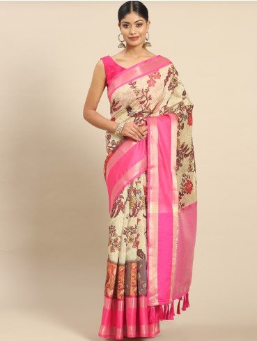 ₹799 for Dussehra Festive Kalamkari Kanjeewaram Art Silk Zari Woven Digital Print Saree