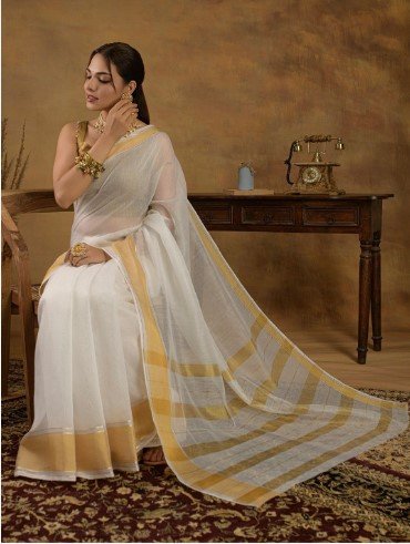 ₹1010 Kerala Kasavu Saree with Zari Border for Dussehra Festive Style