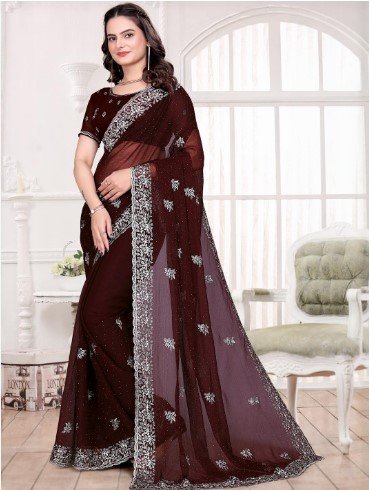 ₹2999 Maroon Embroidered Silk Blend Saree for Dussehra Festive Style