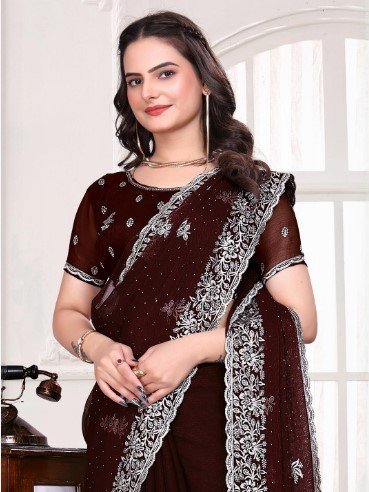 ₹2999 Maroon Embroidered Silk Blend Saree for Dussehra Festive Style