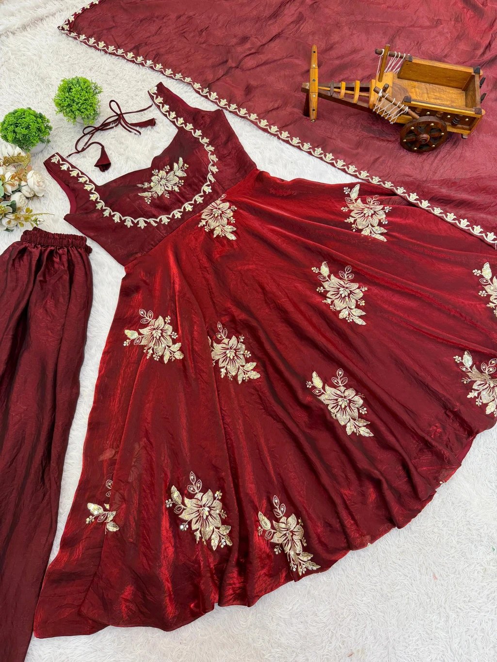 ₹1,898 Red Embroidered Kurta Sharara Dupatta Set for Festive Wear