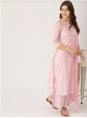 ₹998 Pink and Silver Printed Kurta Set with Palazzos and Dupatta