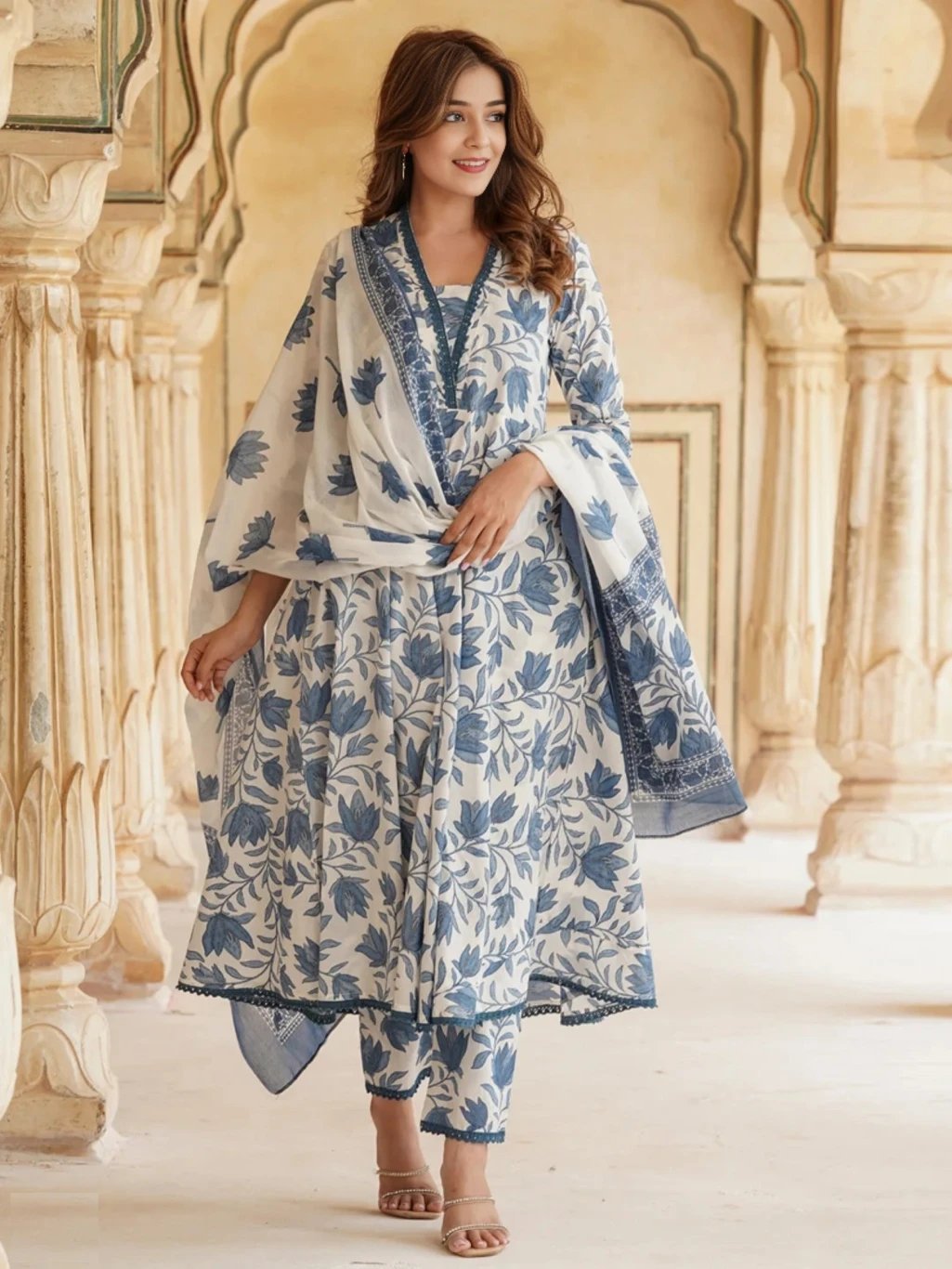 ₹903 Pure Cotton Kurta Pant Dupatta Set for Women | 70% Off