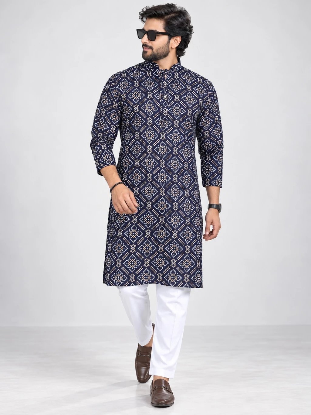 ₹599 Blue Bandhani Print Viscose Rayon Kurta for Men for Dussehra