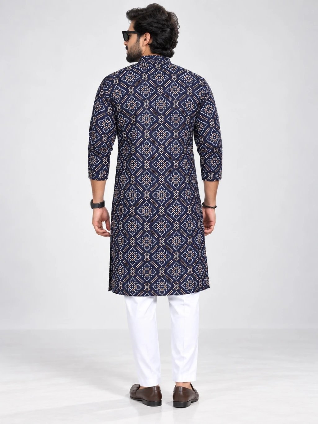 ₹599 Blue Bandhani Print Viscose Rayon Kurta for Men for Dussehra
