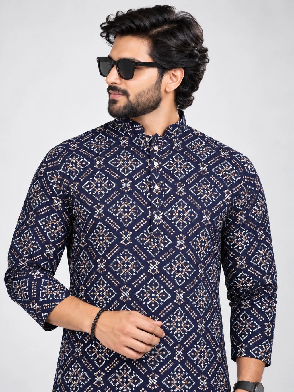 ₹599 Blue Bandhani Print Viscose Rayon Kurta for Men for Dussehra