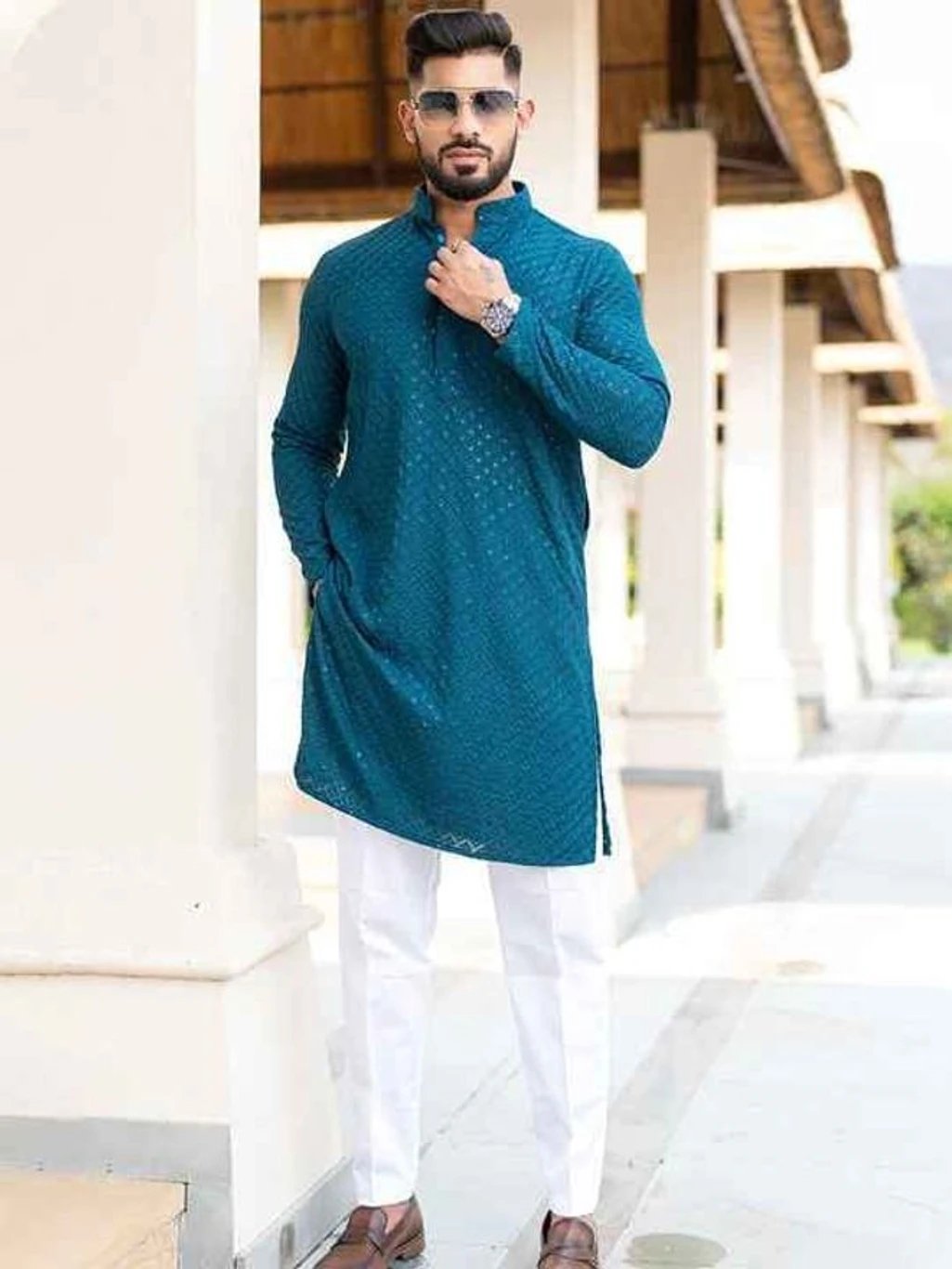 ₹703 Light Green Embroidered Chiffon Kurta for Men | Dussehra 2026