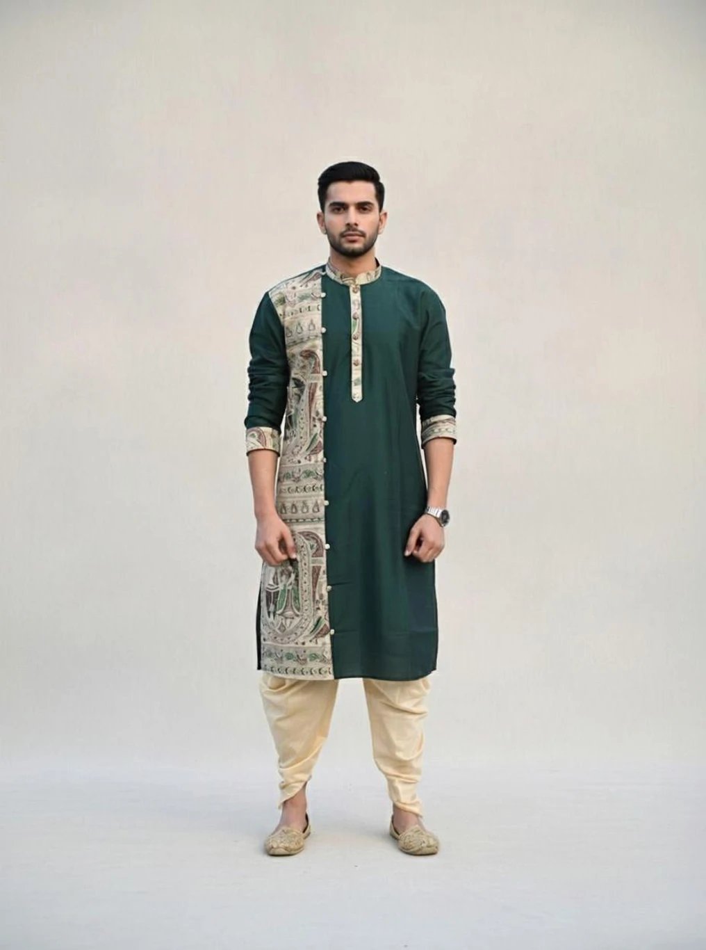 ₹800 Dark Green Printed Cotton Silk Kurta for Men | Dussehra 2026
