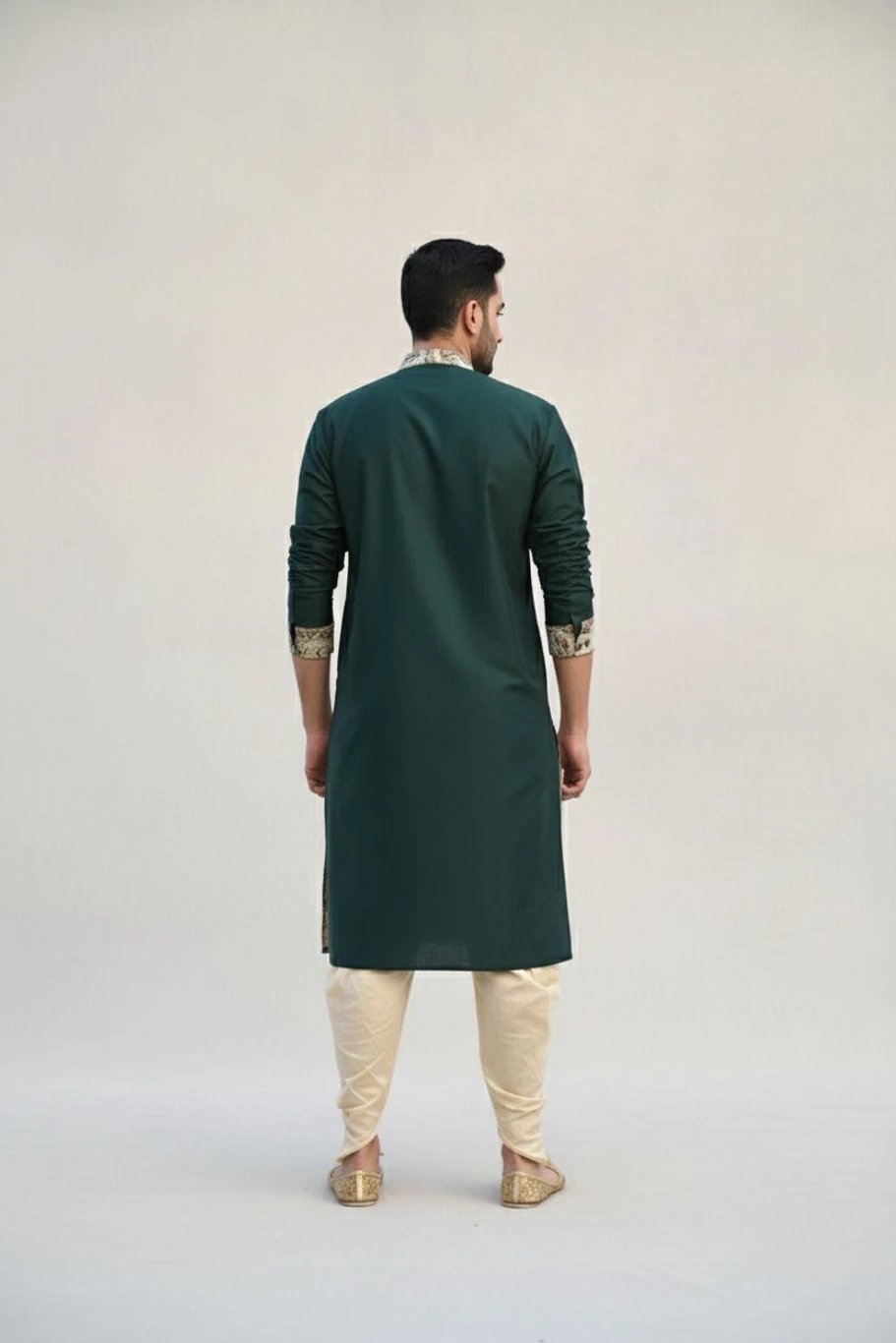 ₹800 Dark Green Printed Cotton Silk Kurta for Men | Dussehra 2026